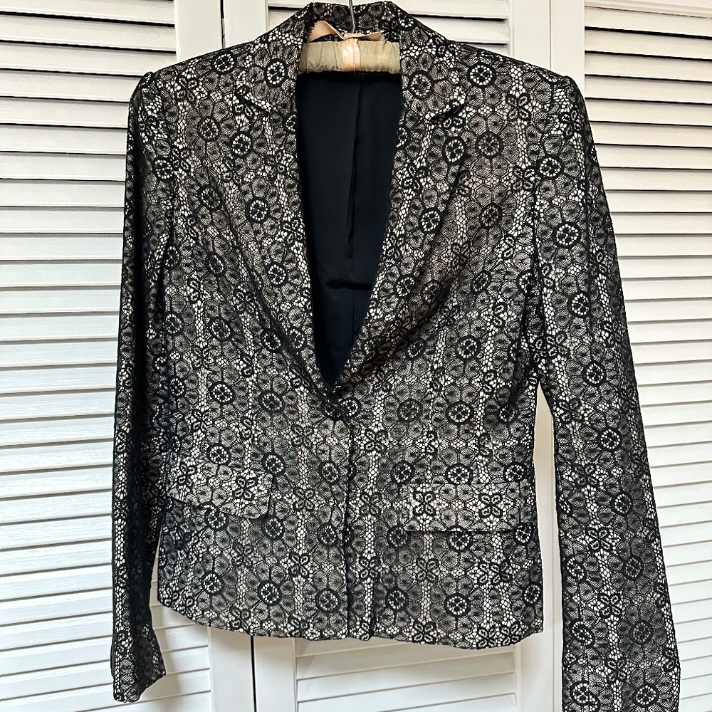 Elie Tahari Black Lace Beige Cotton Jacket Snap Front Size 2